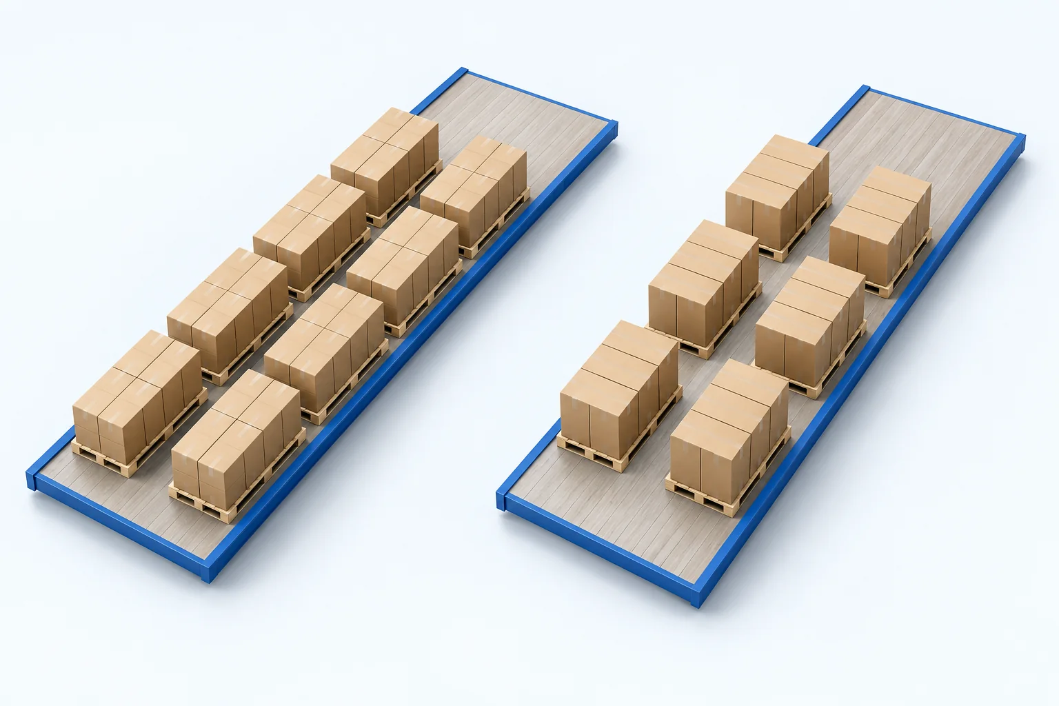 Two conceptual trailer floors with loaded pallets arranged in different orientations.