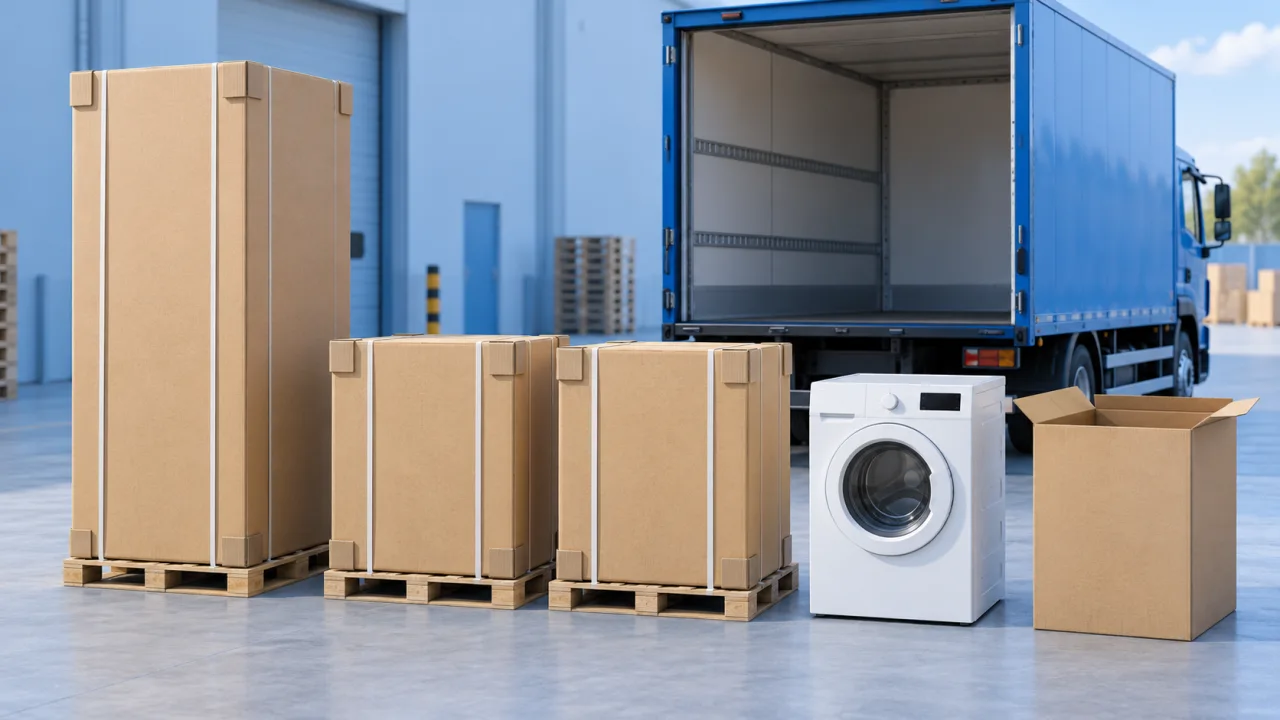 Appliance load planning: orientation and product compatibility rules: illustrative cargo and loading-space scene.
