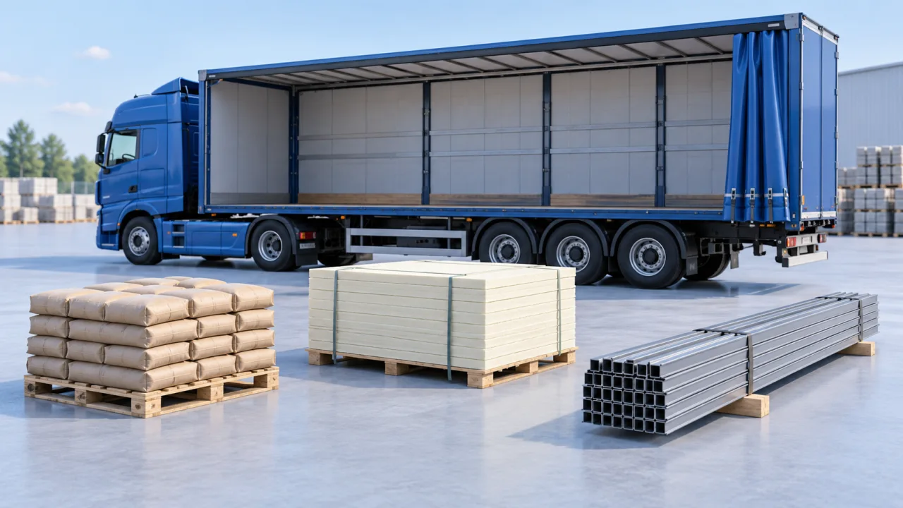 Construction material load planning with axle and stacking constraints: illustrative cargo and loading-space scene.