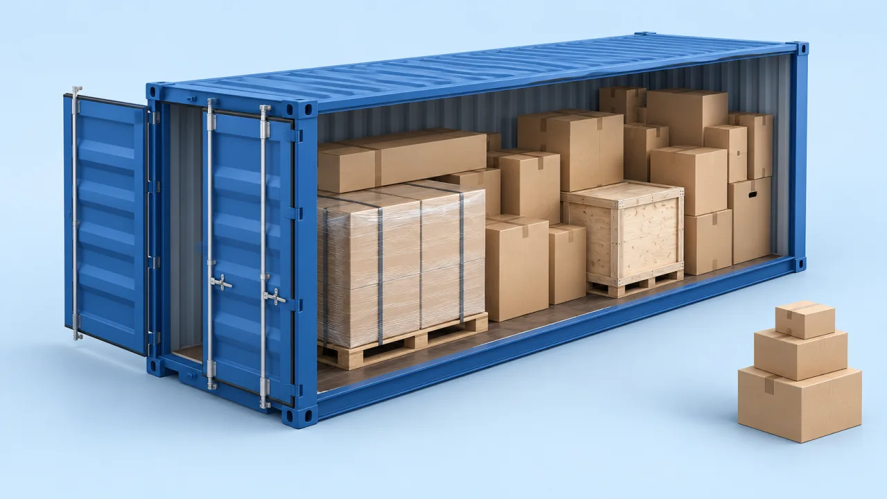 Container loading software for mixed cargo: illustrative cargo and loading-space scene.