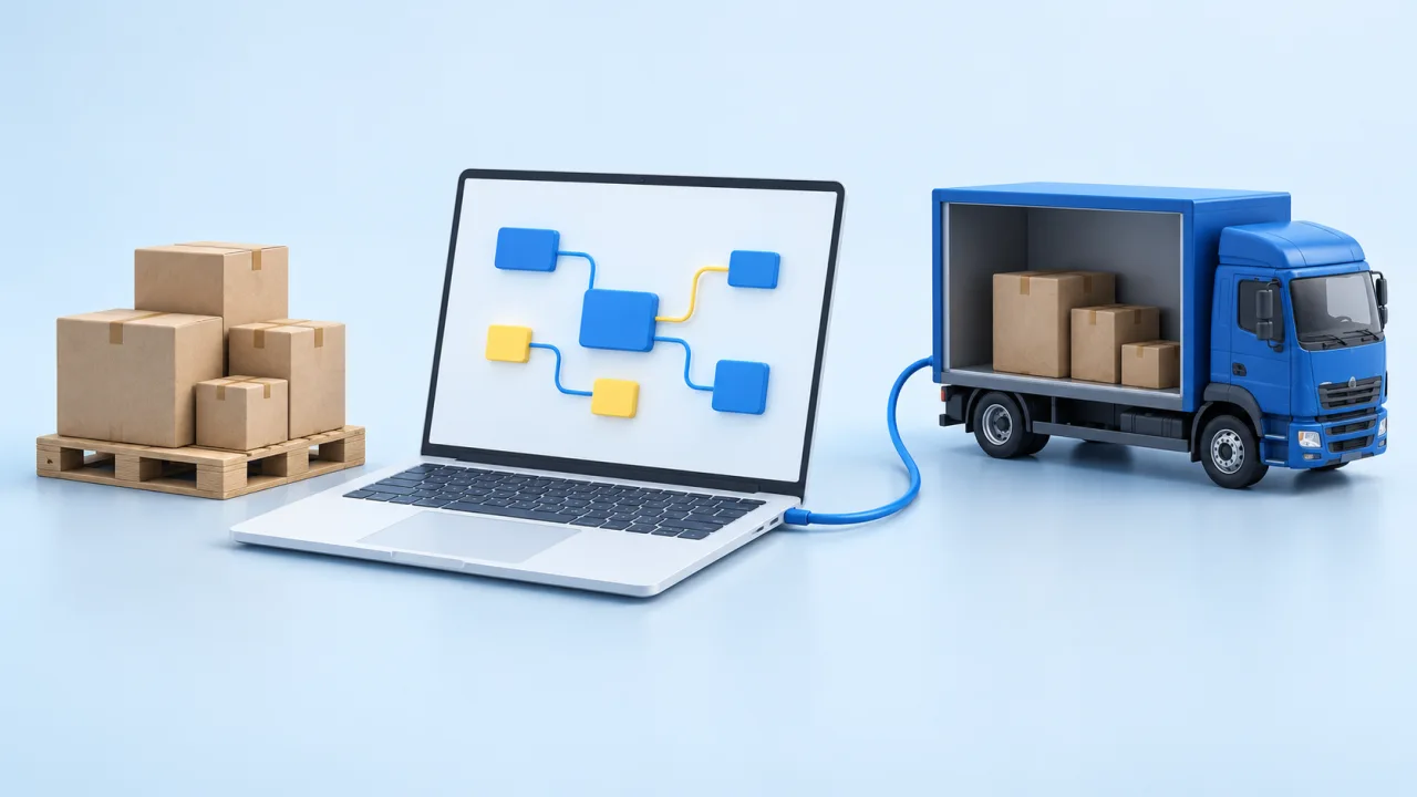 Load optimization API for ERP, TMS and WMS: illustrative cargo and loading-space scene.