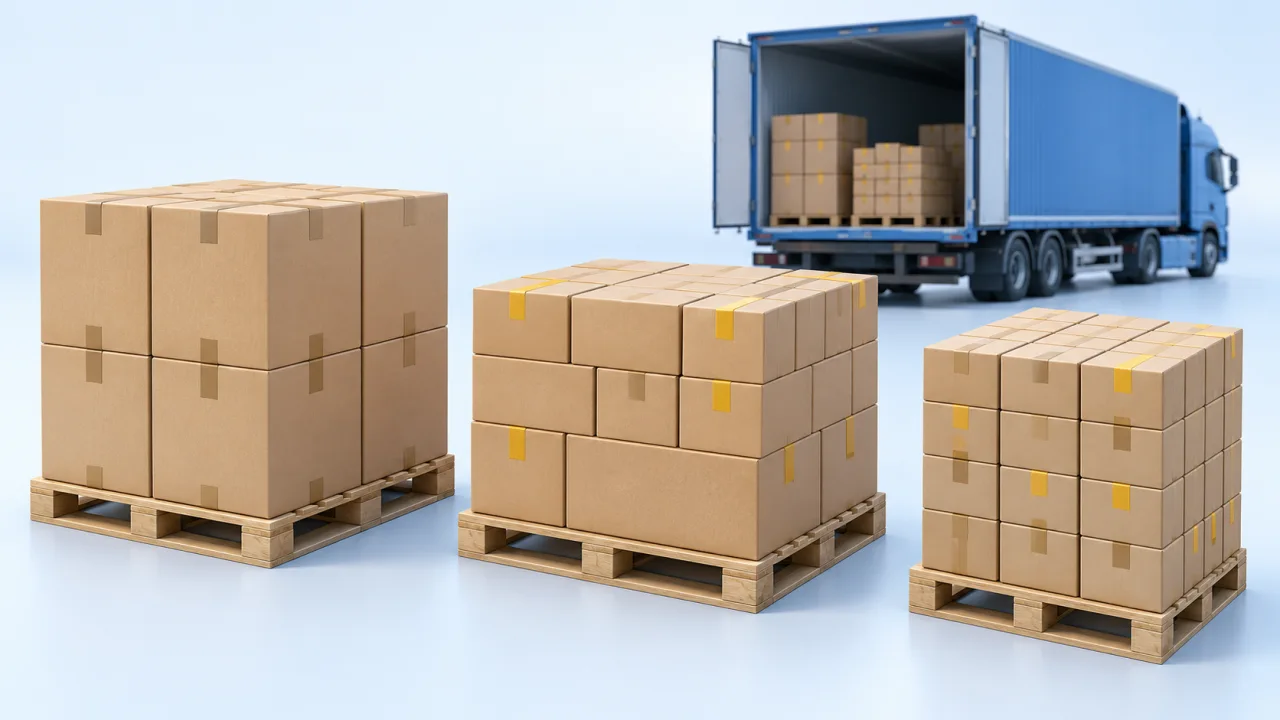 Palletization software: from products to pallets and trucks: illustrative cargo and loading-space scene.
