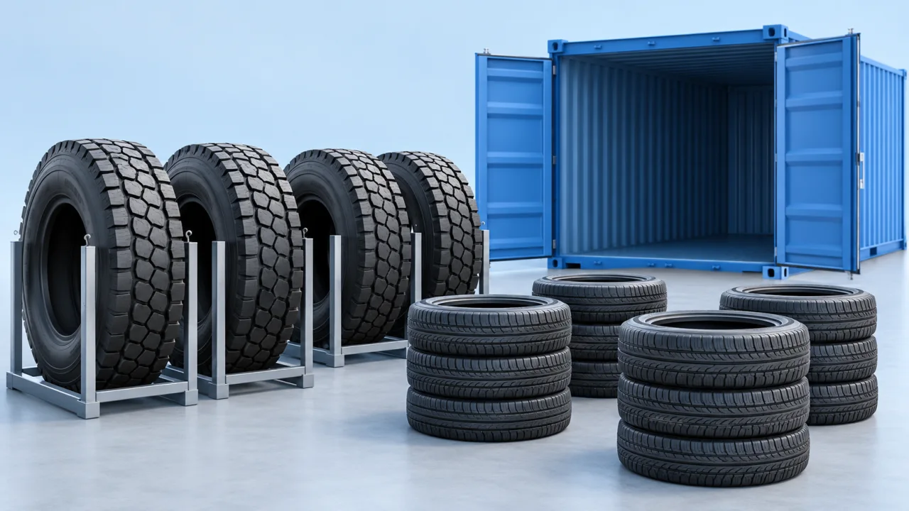 Tire loading optimization for trucks and containers: illustrative cargo and loading-space scene.