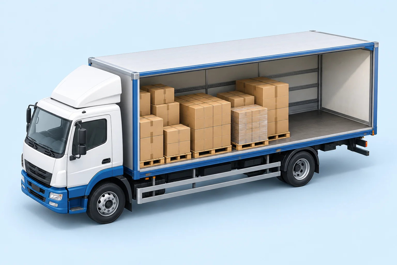Illustration of a cutaway box truck carrying loaded pallets.