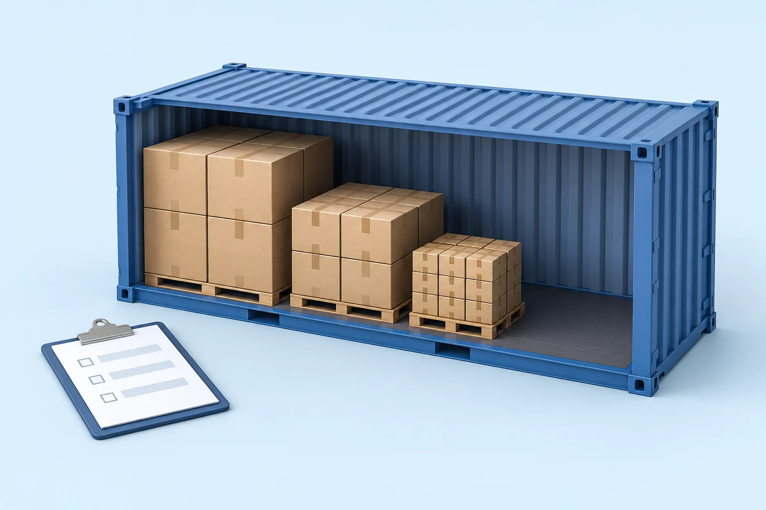 Illustration of a container with different carton groups and a shipment checklist.