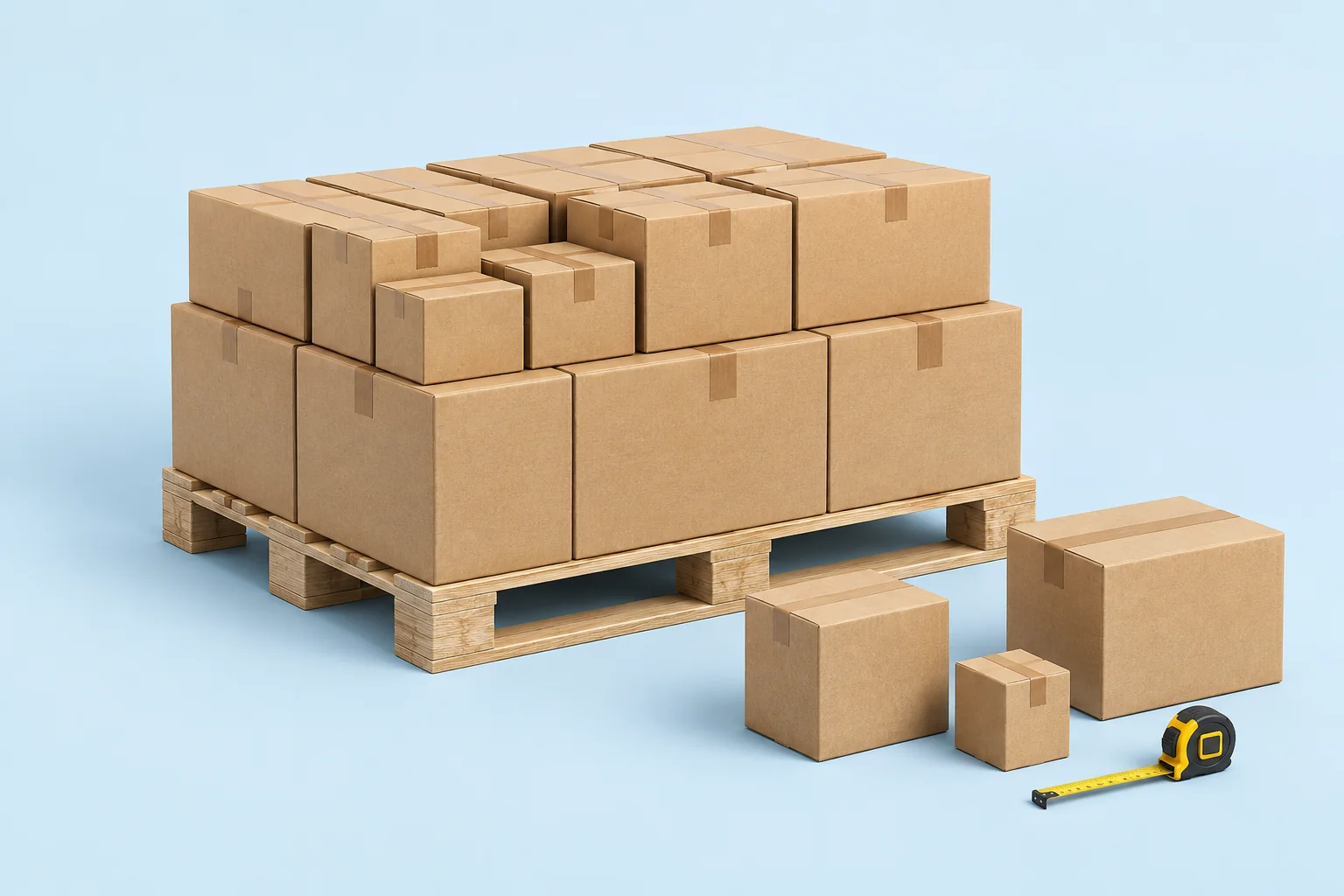 Illustration of a wooden pallet with a mixture of carton sizes and loose boxes beside it.