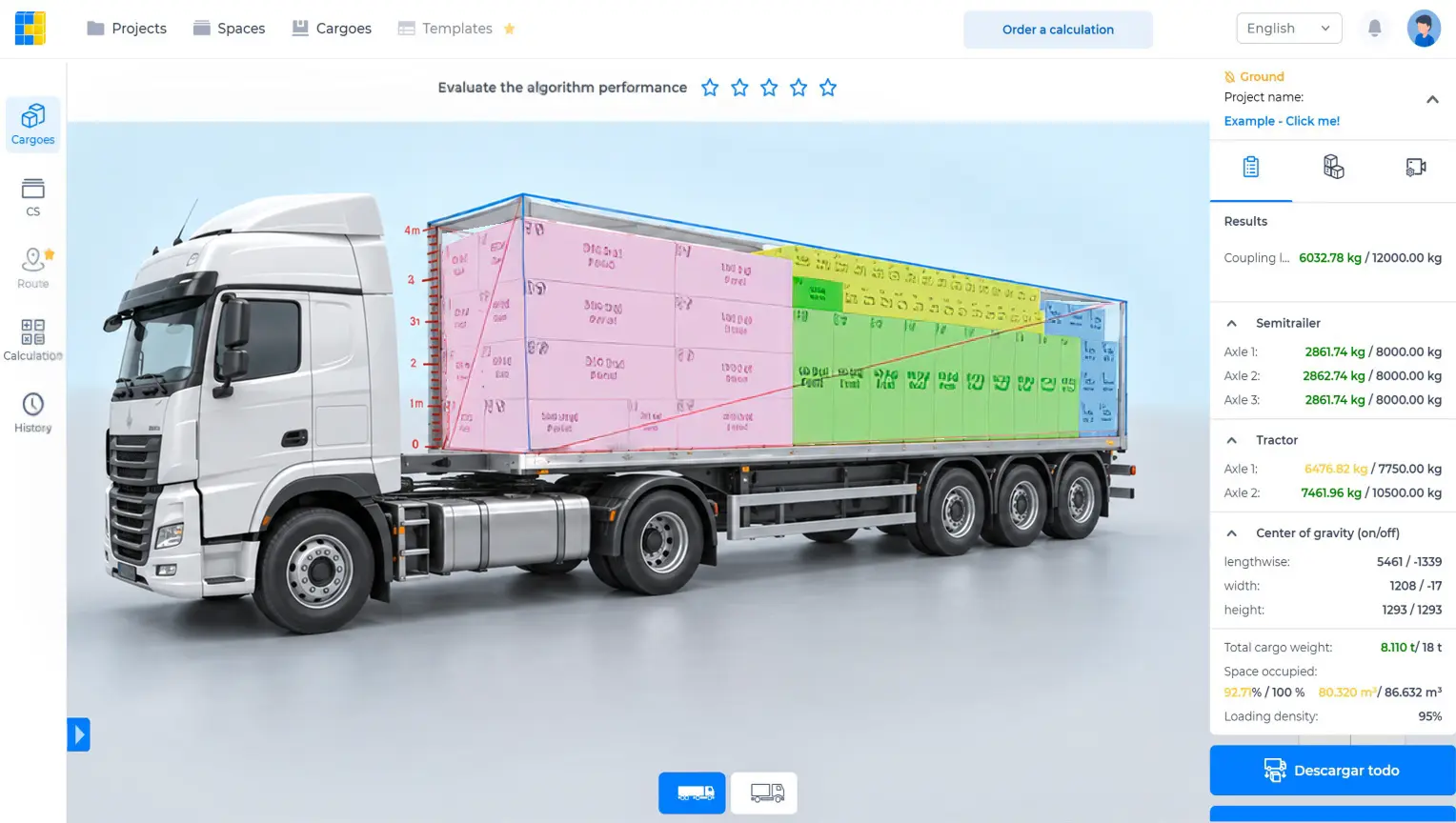 CargoTetris interface showing a mixed-cargo 3D truck loading plan and a results panel.